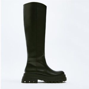 ZARA Black Knee High Leather Platform Boots |SIZE 40|